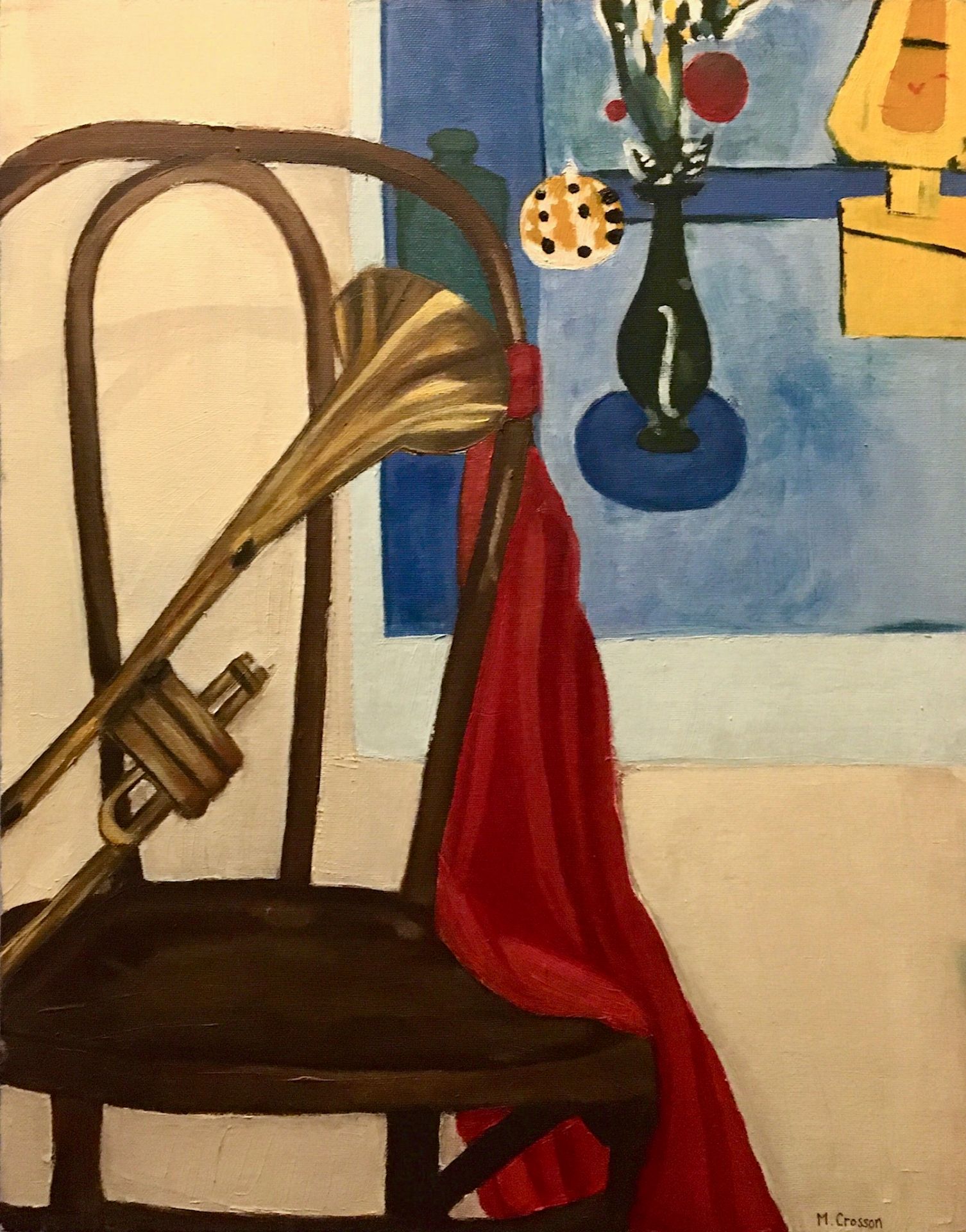 Painting of a trumpet on a chair