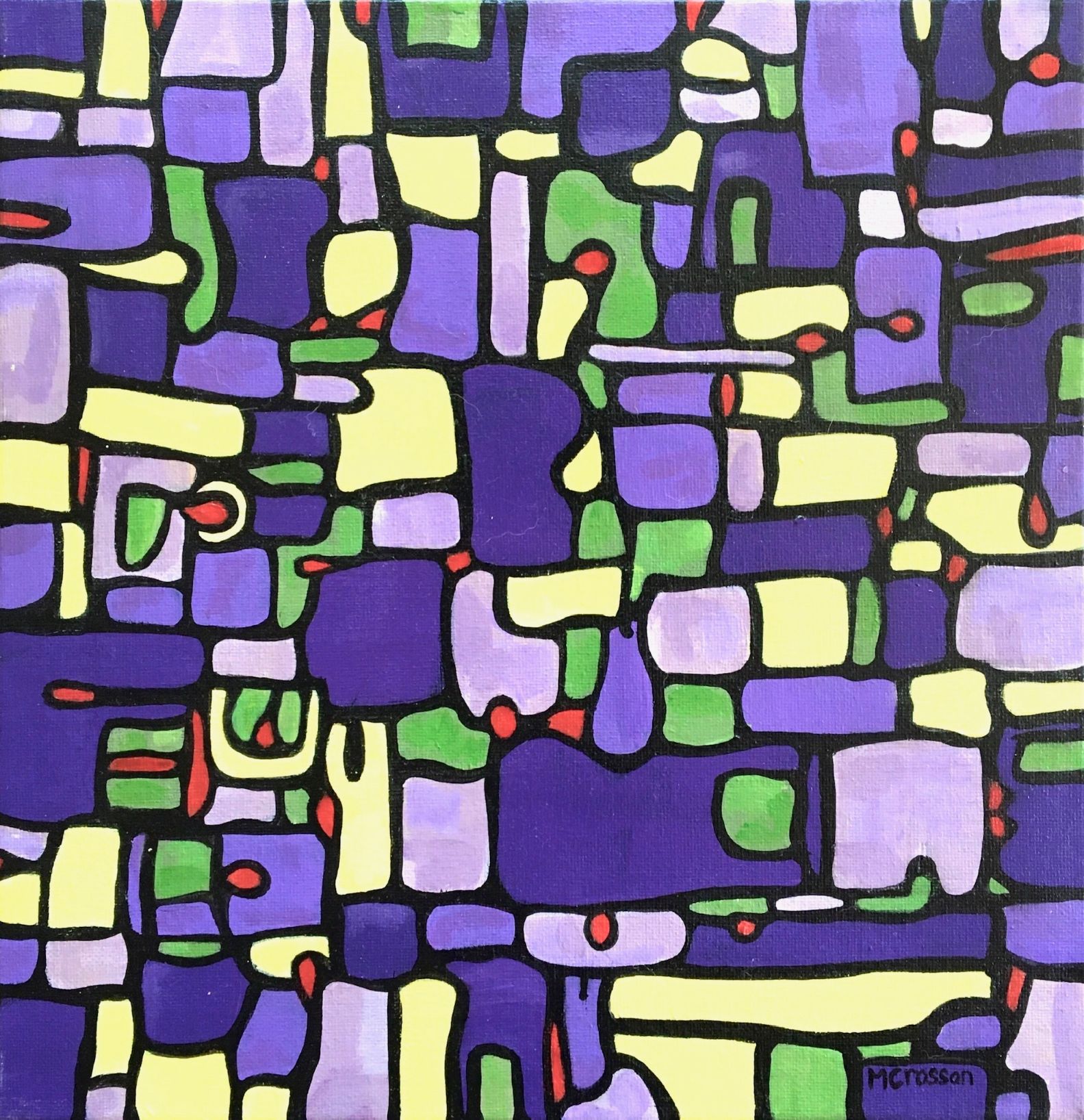 Purple, yellow, pink and red abstract painting with stark black lines