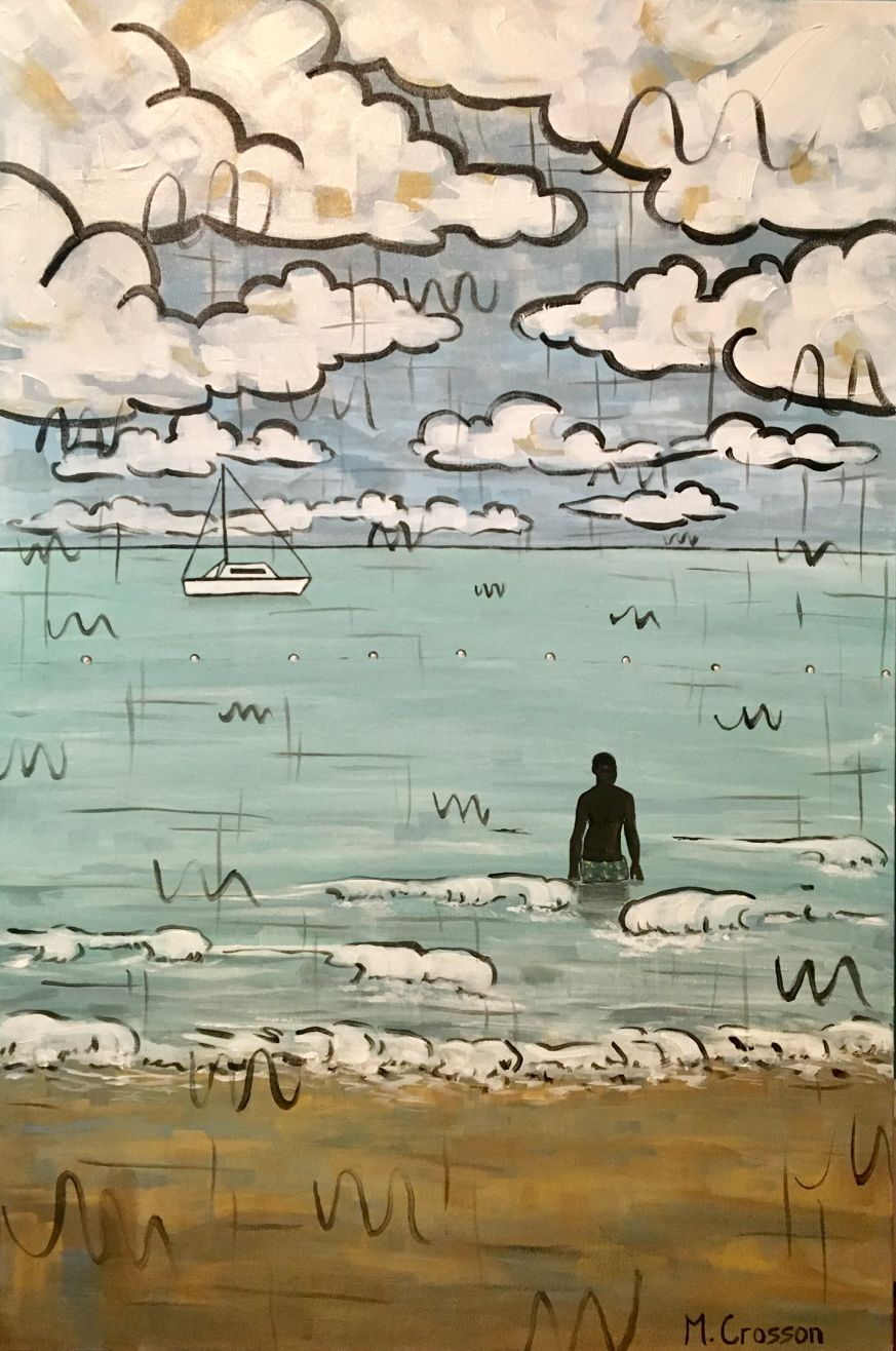 Jamaica themed painting with a man in the sea and a sailboat by Melissa Crosson
