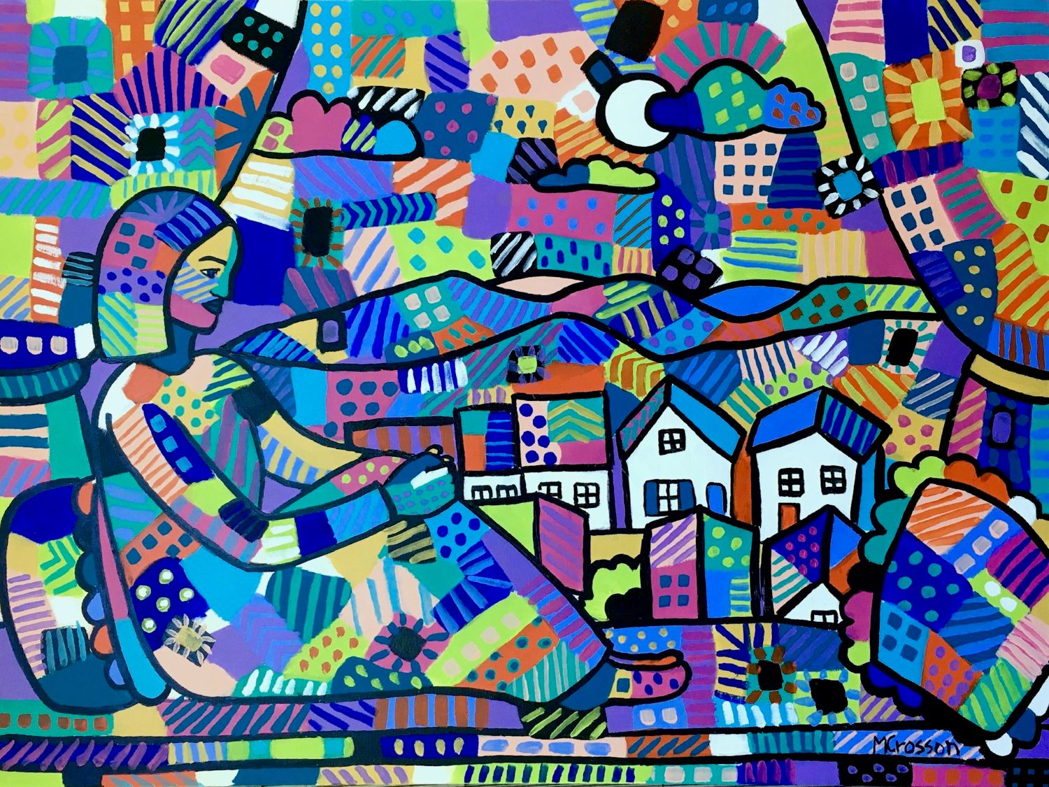 Patchwork painting with batik influence depicting a woman looking over her town
