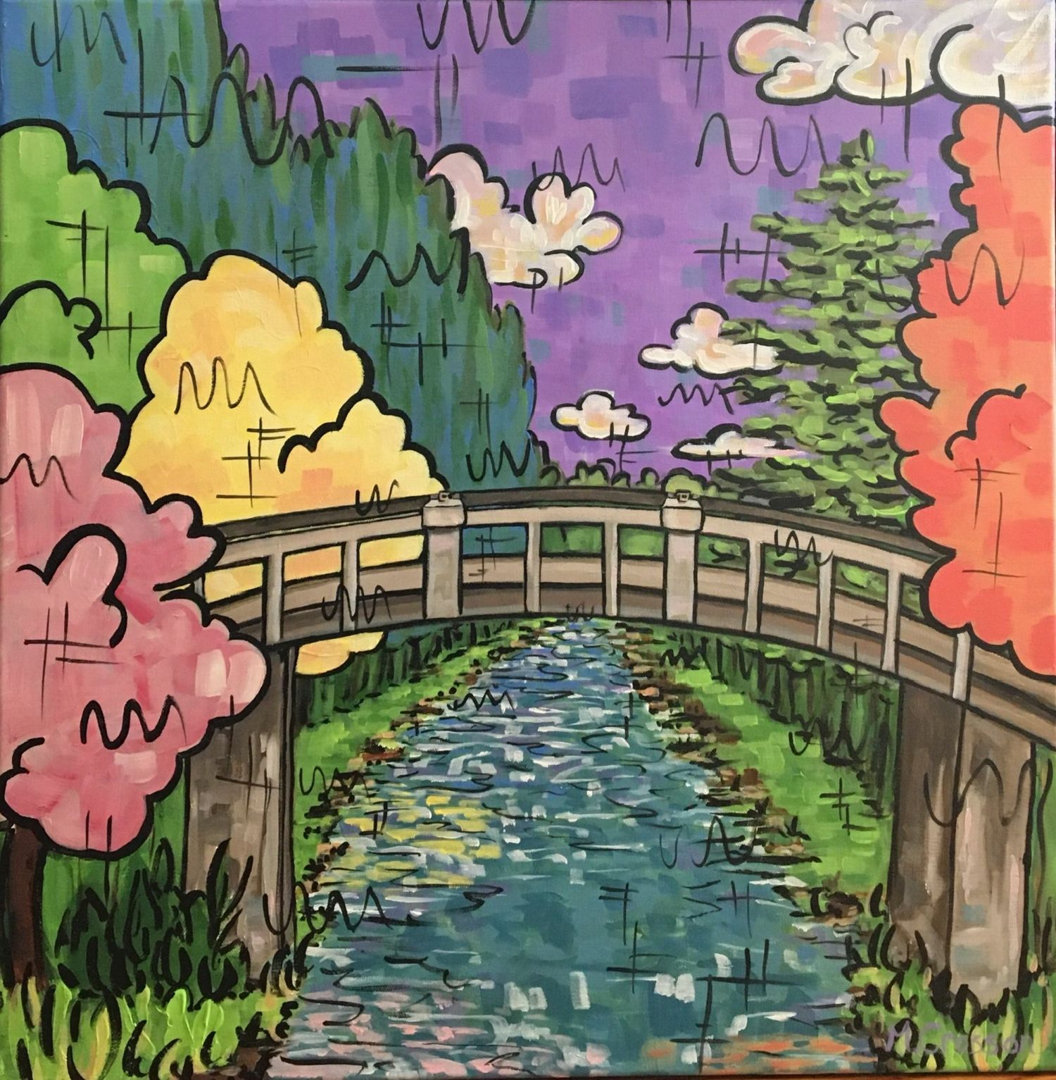 Colorful painting of a bridge over a stream with vibrant fall colored trees and sky.