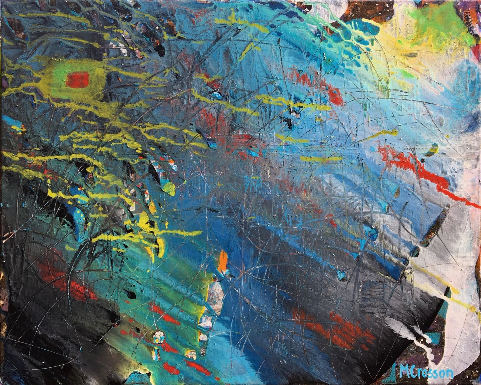 Abstract painting depicting a flying martini.