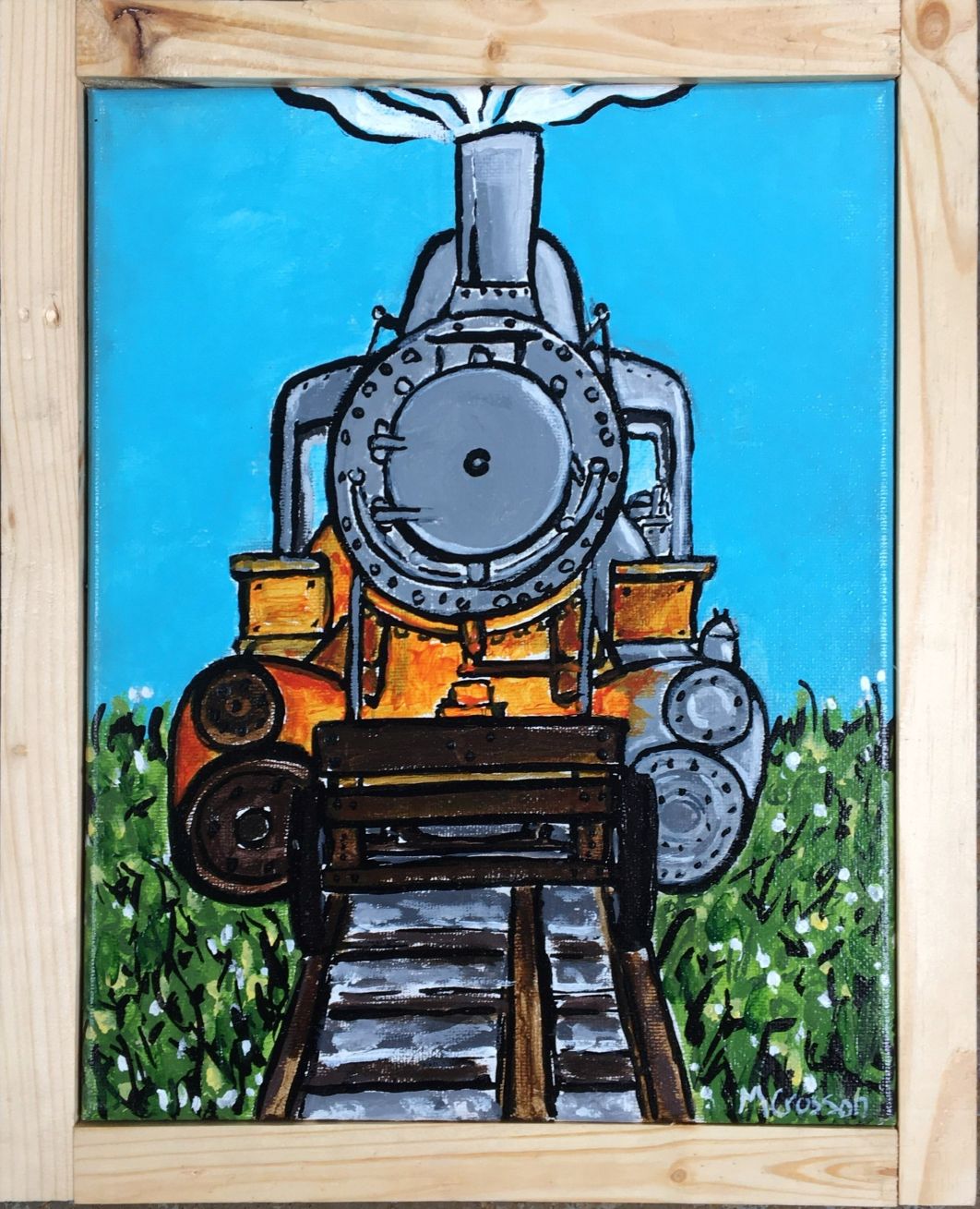 Framed acrylic on Canvas painting of a steam train by Hickory, NC artist Melissa Crosson