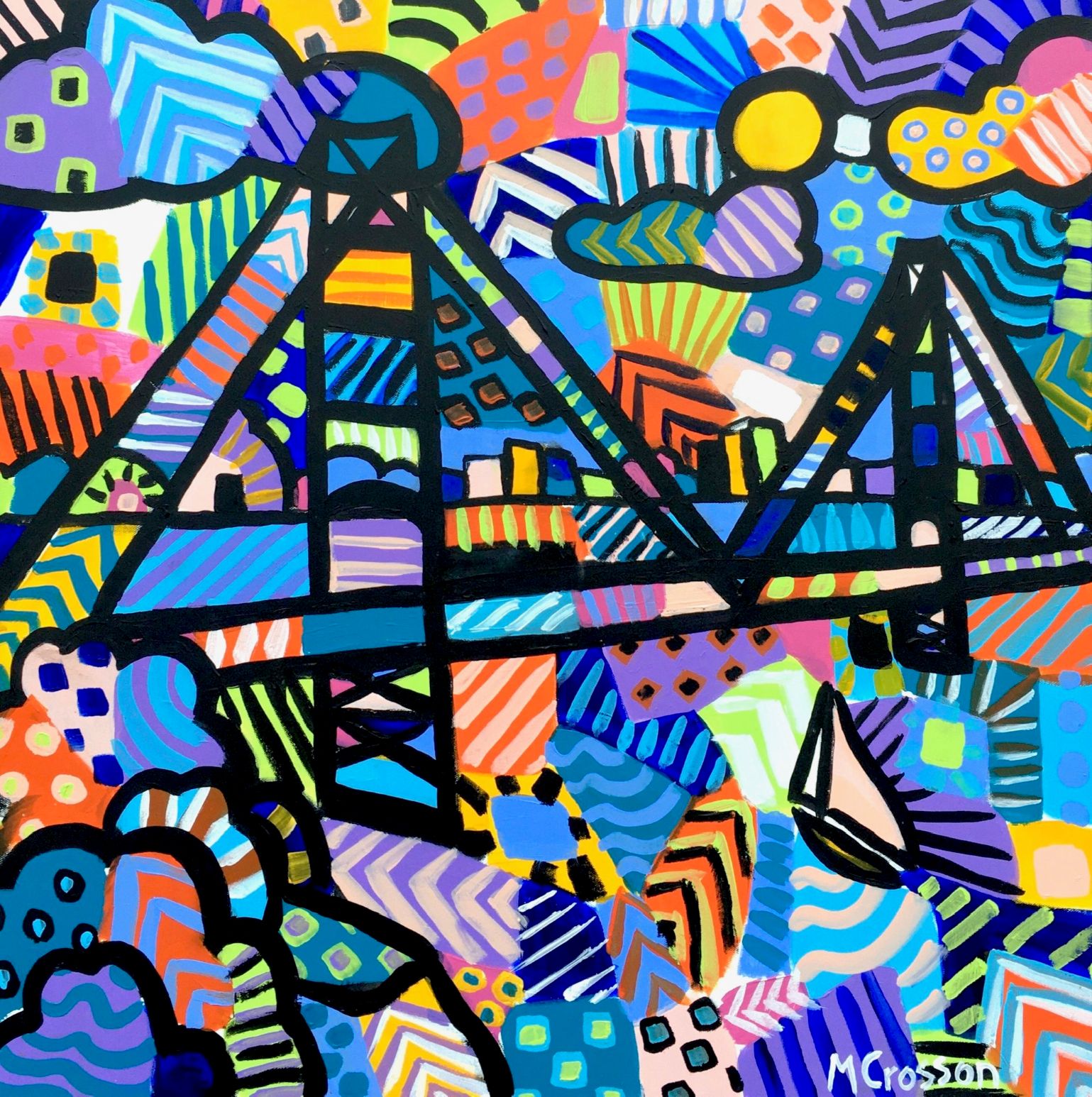 Painting of the Golden Gate Bridge in abstract, patchwork and Batik-inspired art