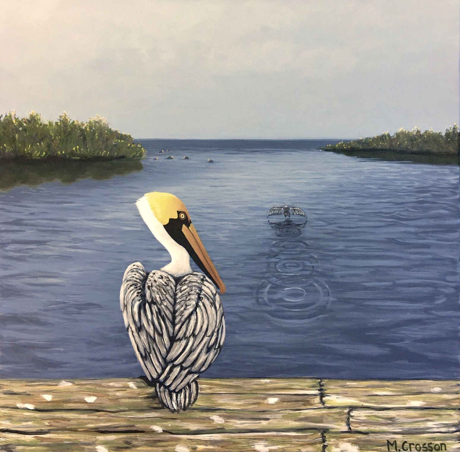 Acrylic painting of a pelican watching another pelican fly away on the water.