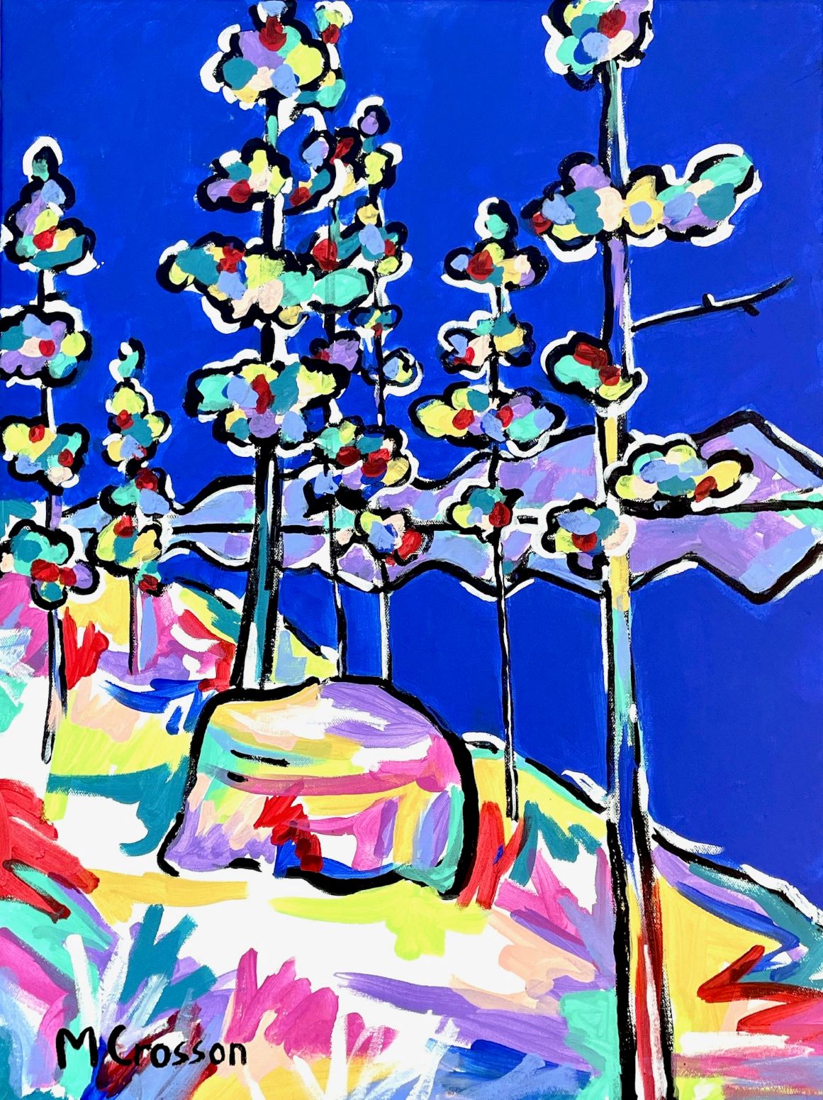 Colorful painting of a camping scene at Lake Tahoe
