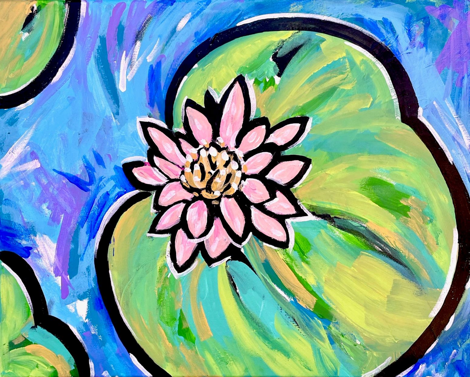 Acrylic on Canvas painting of a lillipad with a pink and orange flower in the center