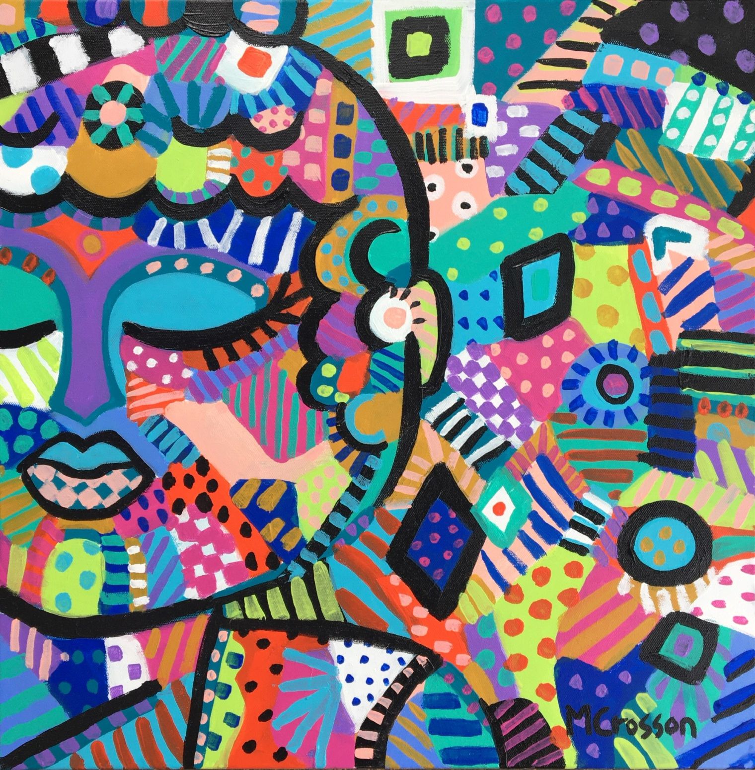 Painting depicting a peaceful monk in a colorful, abstract style