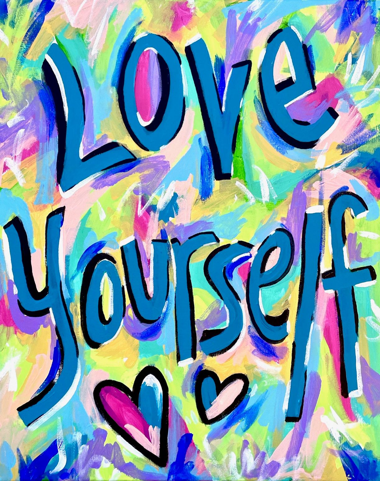 Bold, colorful painting with the words LOVE YOURSELF