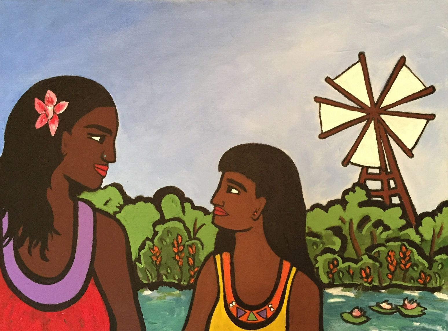Colorful painting depicting women of color having a conversation in front of a windmill.