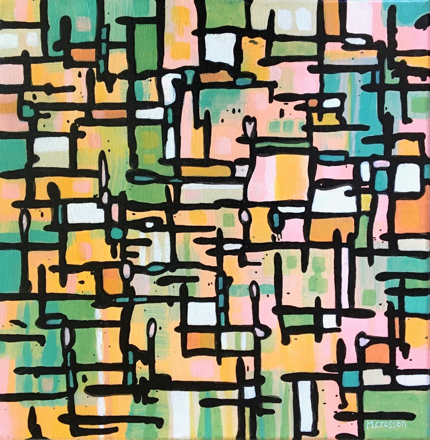 Abstract painting in tones of green, orange, blue, and black