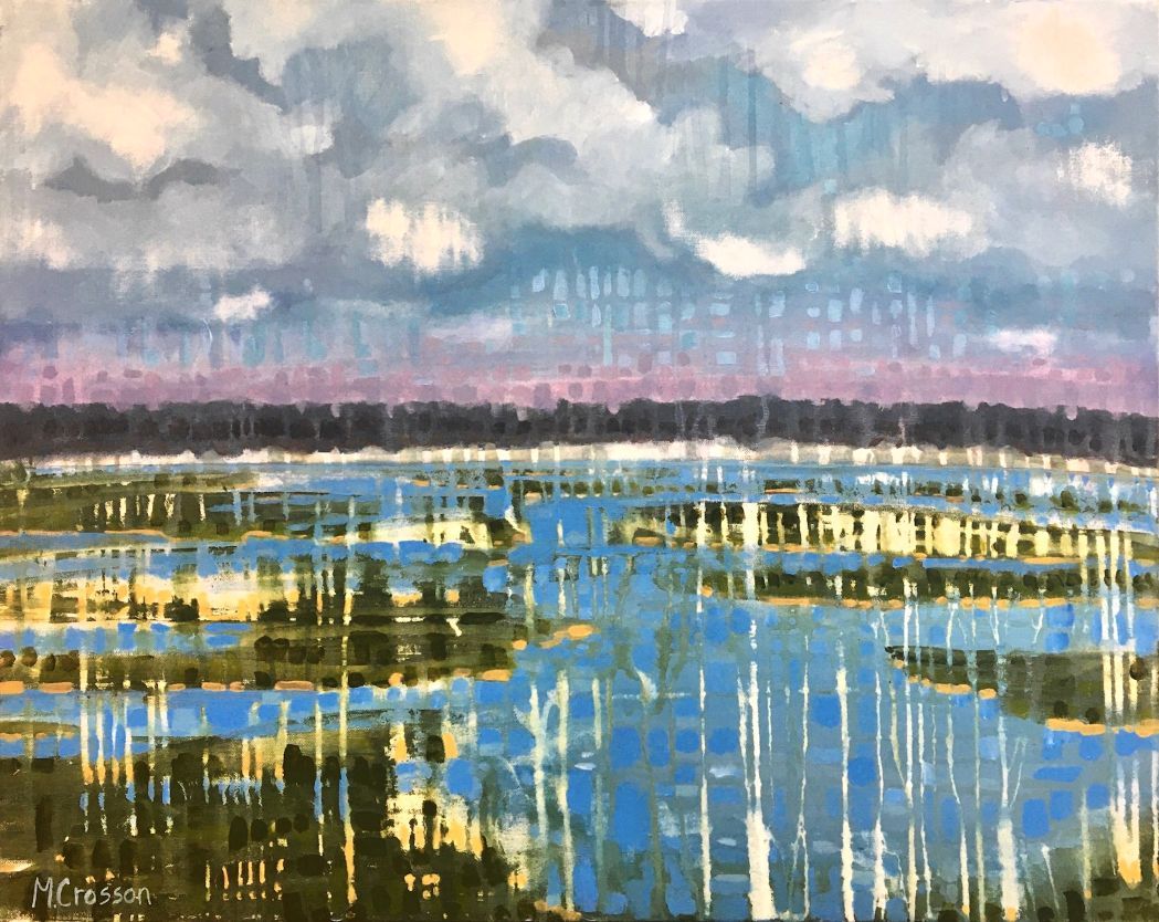 Acrylic painting of shell island depicting water, clouds, and land.