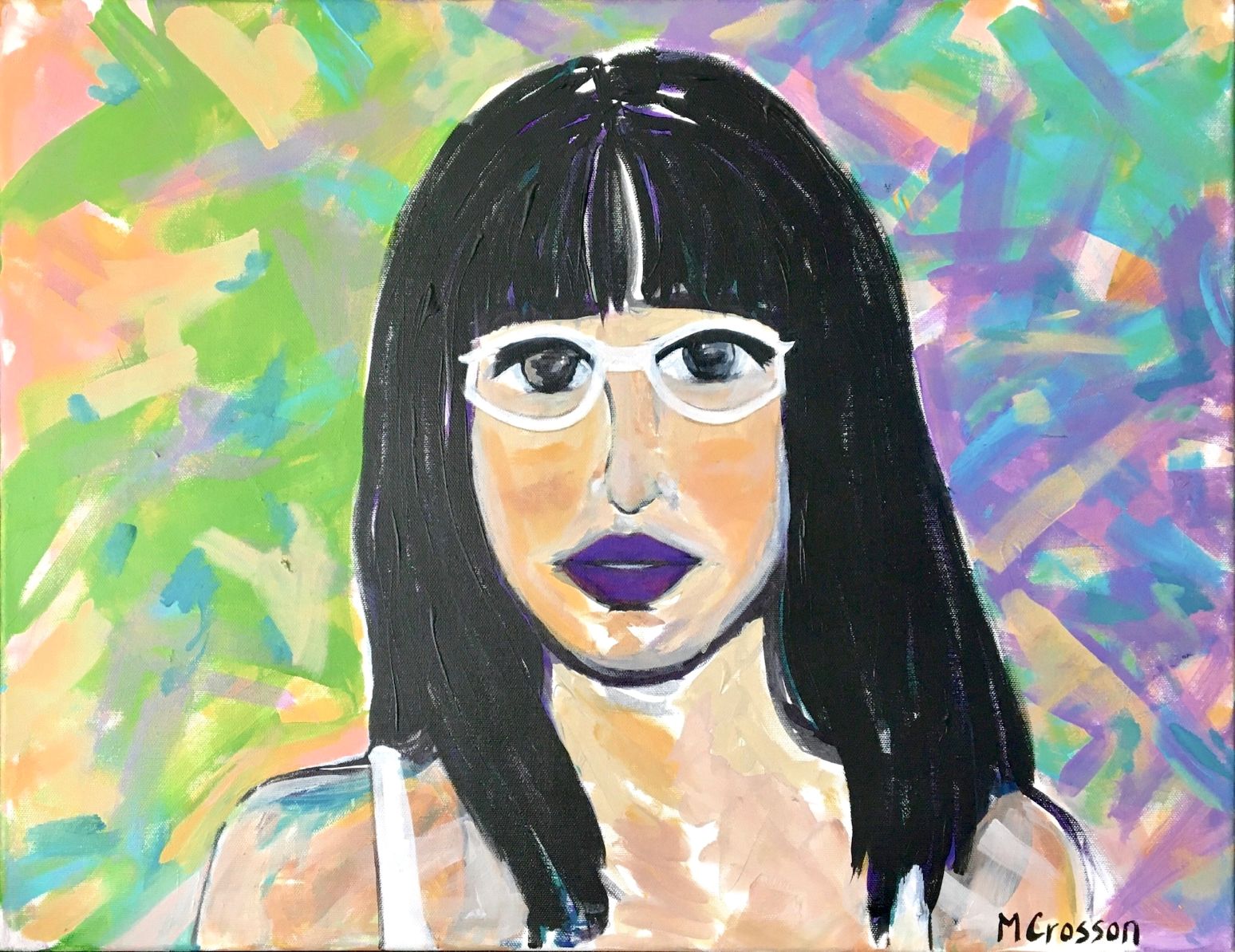 Acrylic painting of a woman with glasses and purple lips - By Melissa Crosson