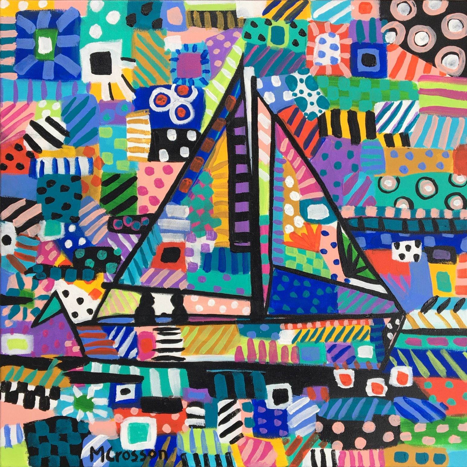 Patchwork and batik style painting of two people on a sailboat.