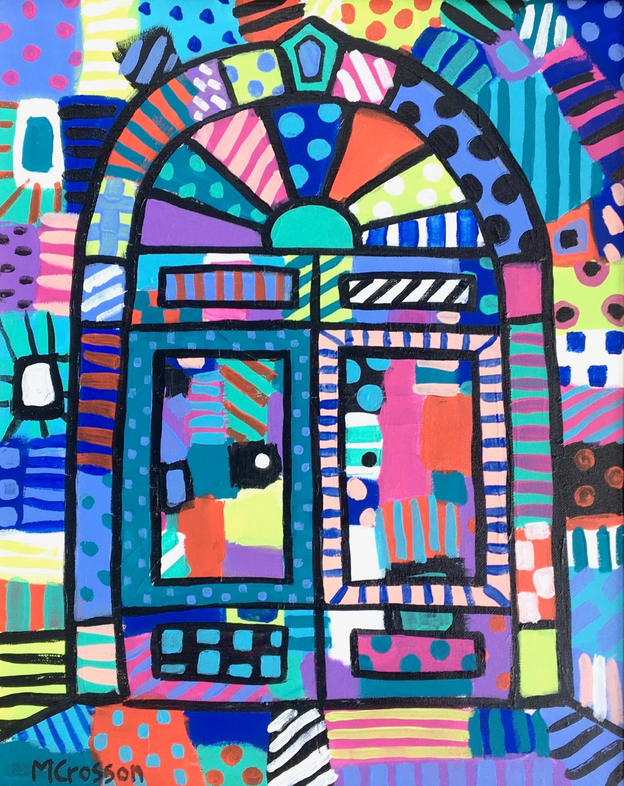 Abstract colorful painting depicting a door.