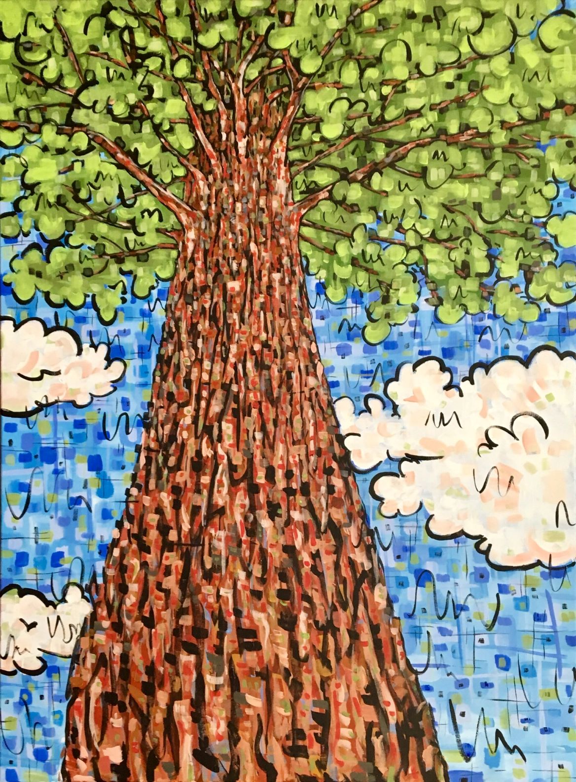 Vibrant crylic painting of a giant tree in in the foreground, clouds and blue sky in the background.