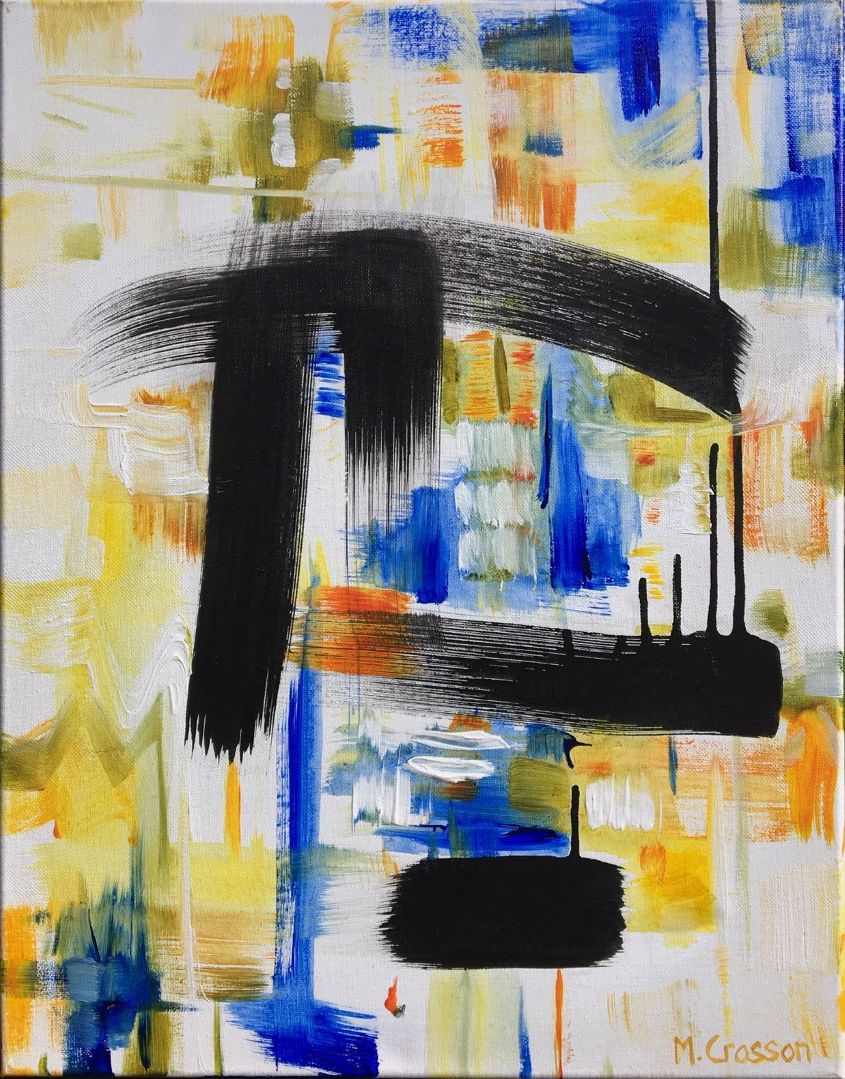 Abstract painting featuring bold, black paint lines across a multicolored background.