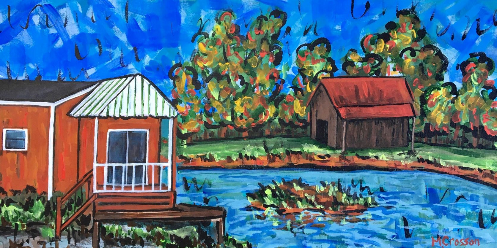 Acrylic on canvas painting of a tiny house with a lake beside it.