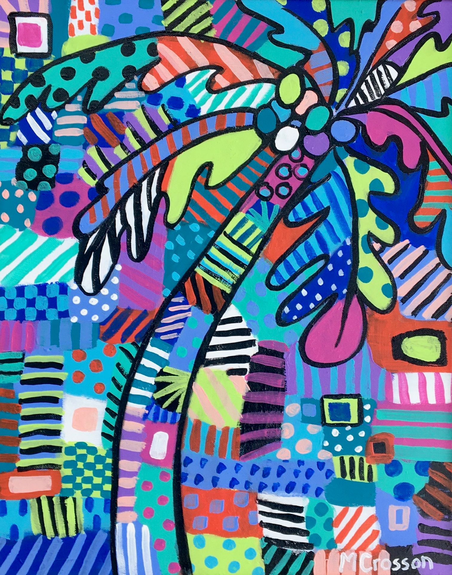 Colorful painting of a tropical tree with coconuts.