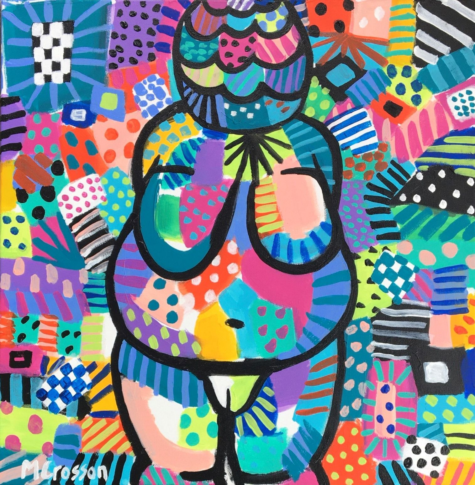 Colorful painting depicting the Venus of Willendorf by Melissa Crosson