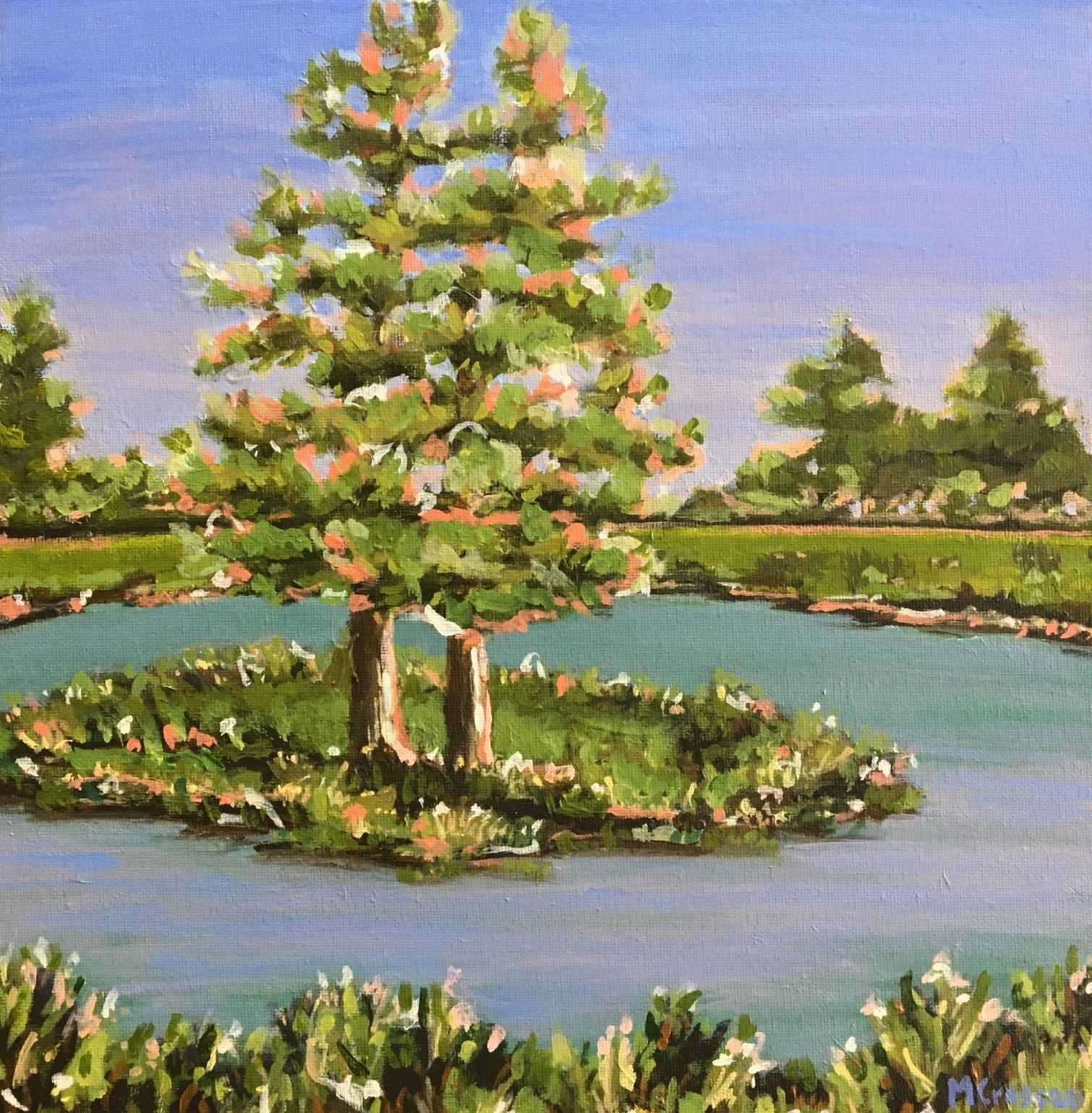 Painting of a tree on a small island in a pond