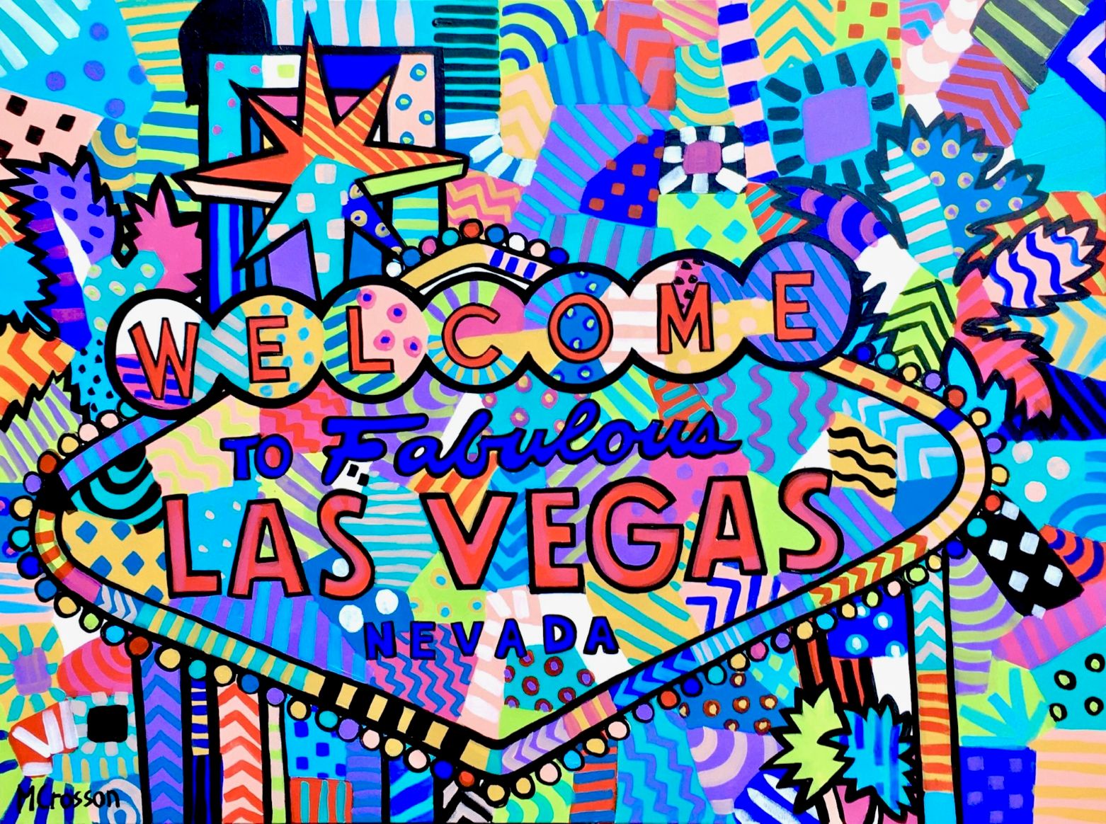 Vibrant, colorful painting of the Las Vegas sign in patchwork and batik style